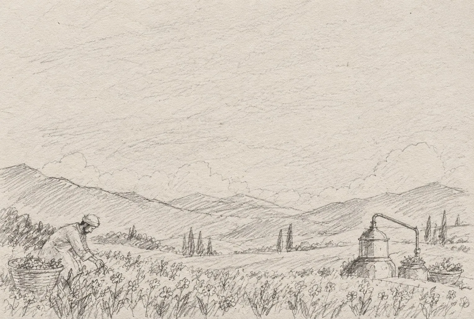 A pencil study of the harvest: a farmer picking flowers, the hills and a still