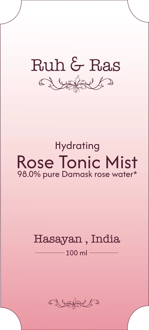 The bottle label: Hydrating Rose Tonic Mist, 98.0% pure Damask rose water, Hasayan, India, 100 ml