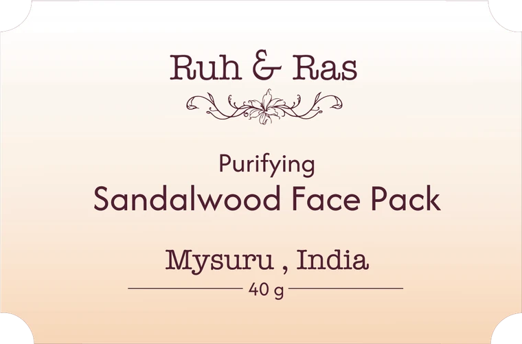 The jar label: Purifying Sandalwood Face Pack, Mysuru, India, 40 g