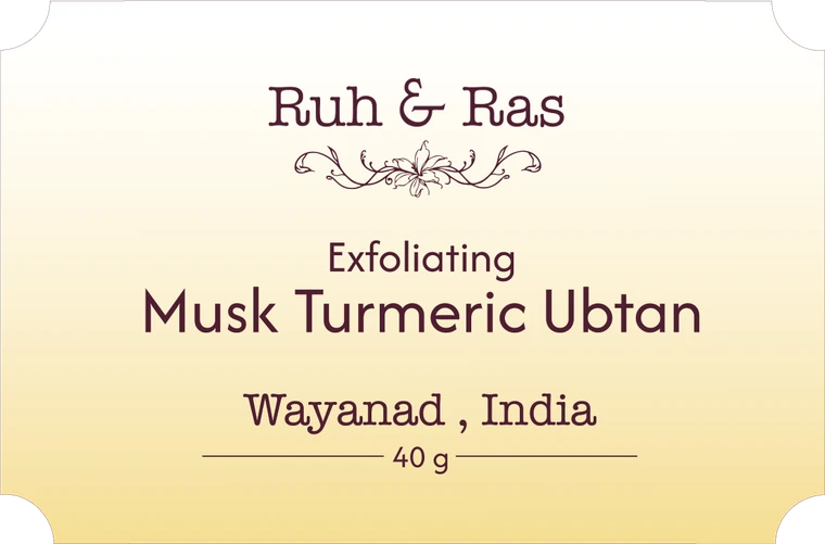 The jar label: Exfoliating Musk Turmeric Ubtan, Wayanad, India, 40 g