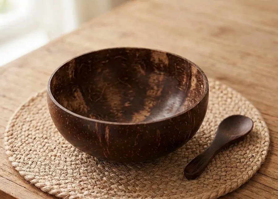 A coconut shell bowl and a wooden spoon on a woven mat