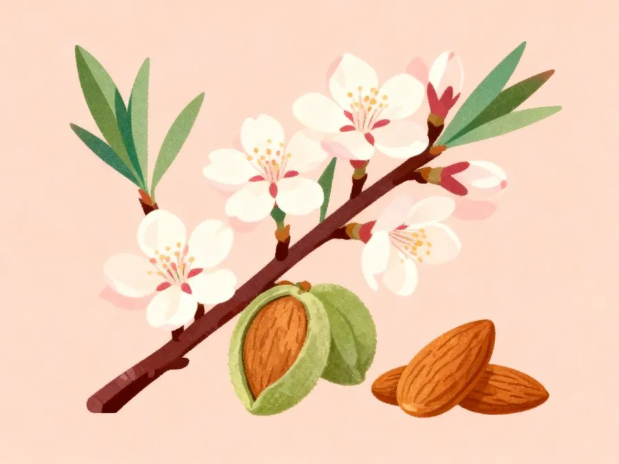 Almond blossoms, a husk and shelled almonds