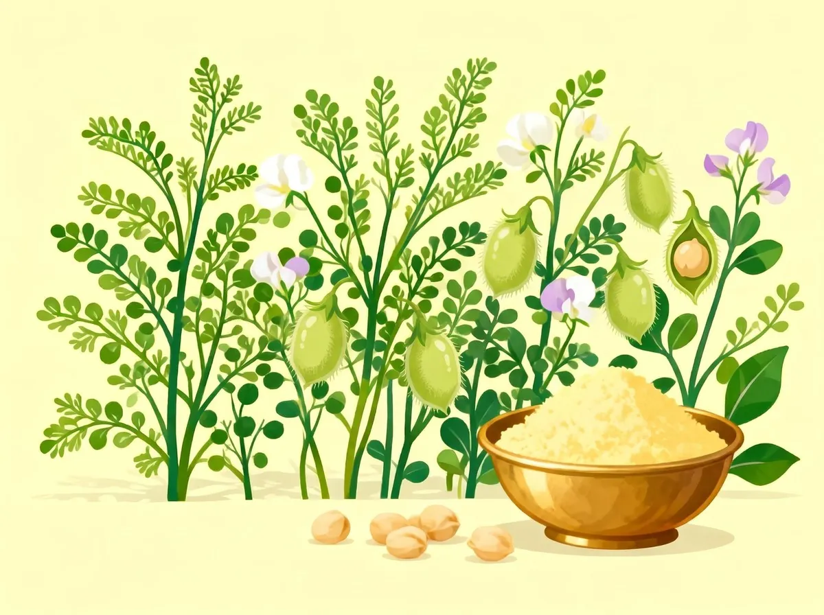 Chickpea plants with puffy pods, a brass bowl of besan and loose chickpeas