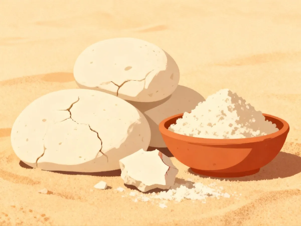 Pale chunks of multani mitti clay and a bowl of its fine powder