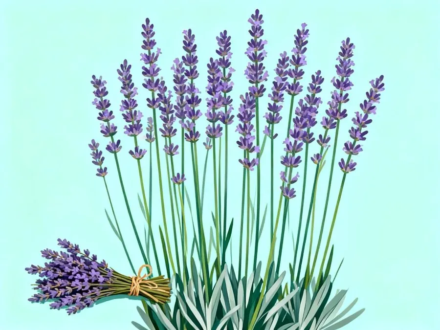 Lavender stems with purple flower spikes and a small dried bunch