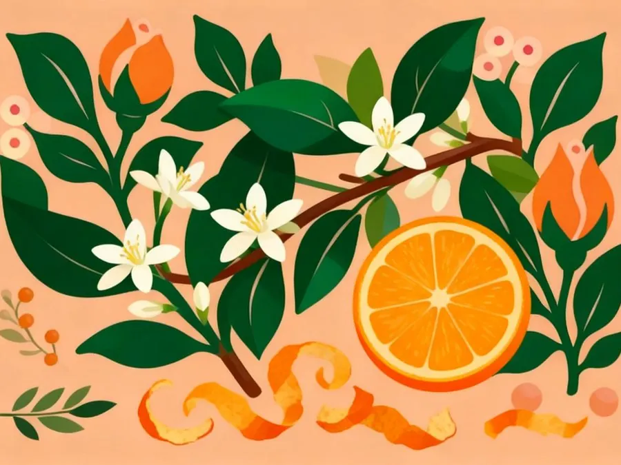 An orange branch, a halved orange and curls of dried peel