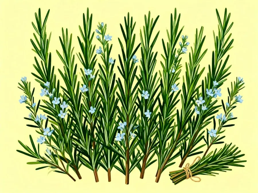 Rosemary sprigs with needle-like leaves and tiny pale blue flowers